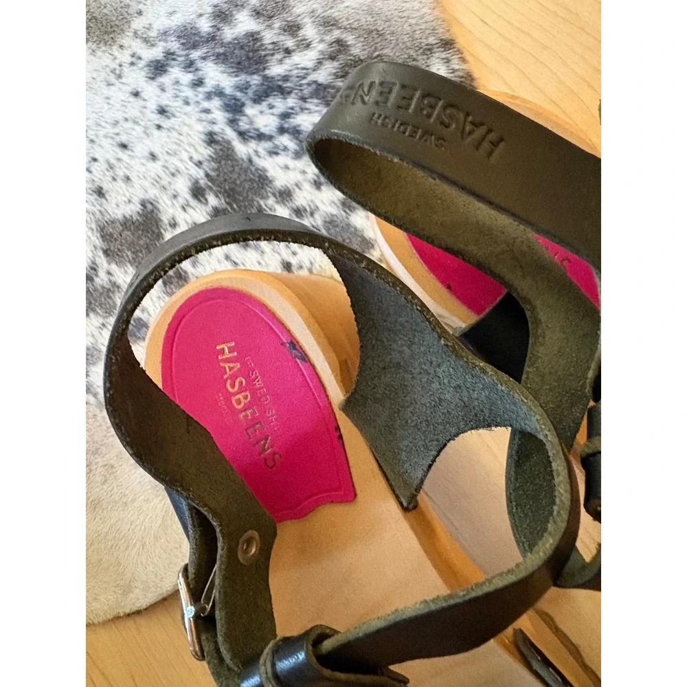 Swedish Hasbeens Stitched Tracta Black Leather Platform Sandals Size 40